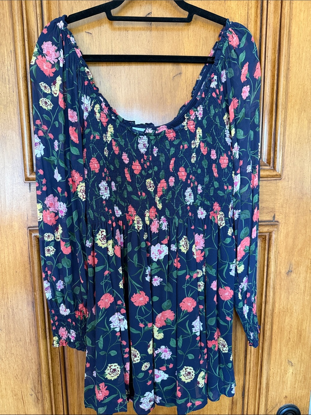 Hill House Navy Smocked Floral Peasant Top with Pink & Green